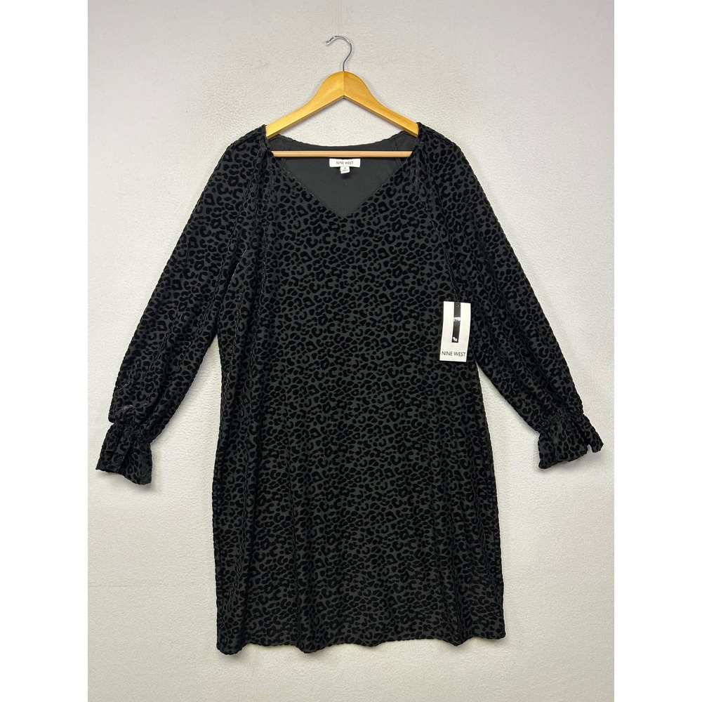Nine West Burnout Leopard Dress Women 12 Black NEW Long Sleeve Velvet Cocktail